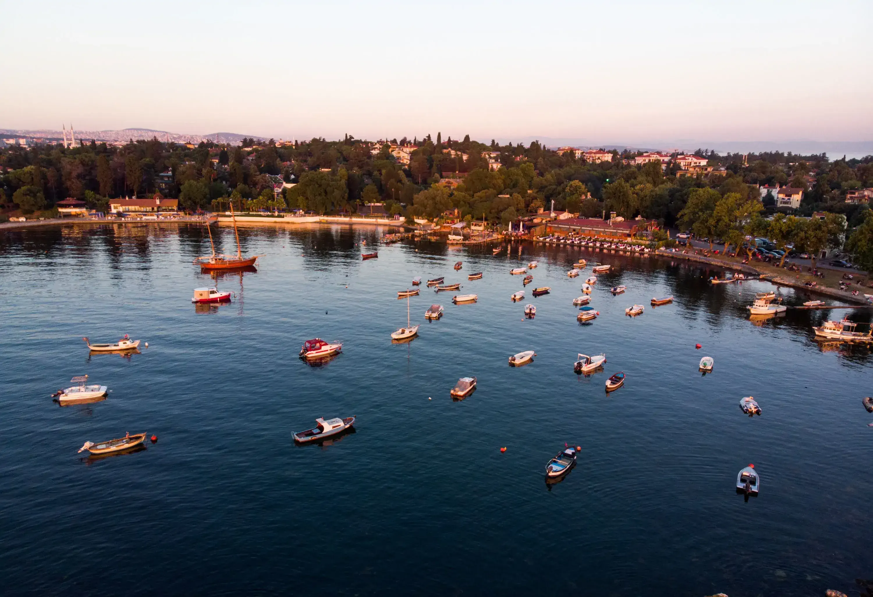 Boats drifting across the sea close to a harbour bordered by a few buildings and trees.