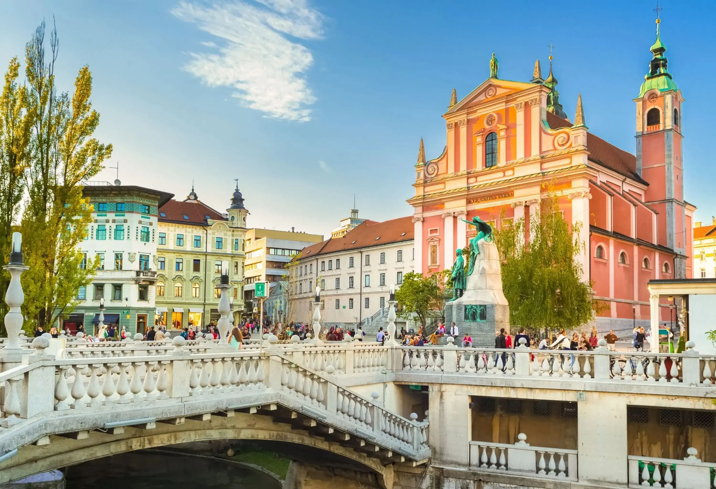 A busy city centre with people milling around the bridge and promenades over a river.